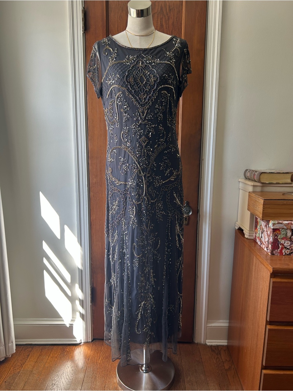 Embellished Grey Beaded Evening Dress